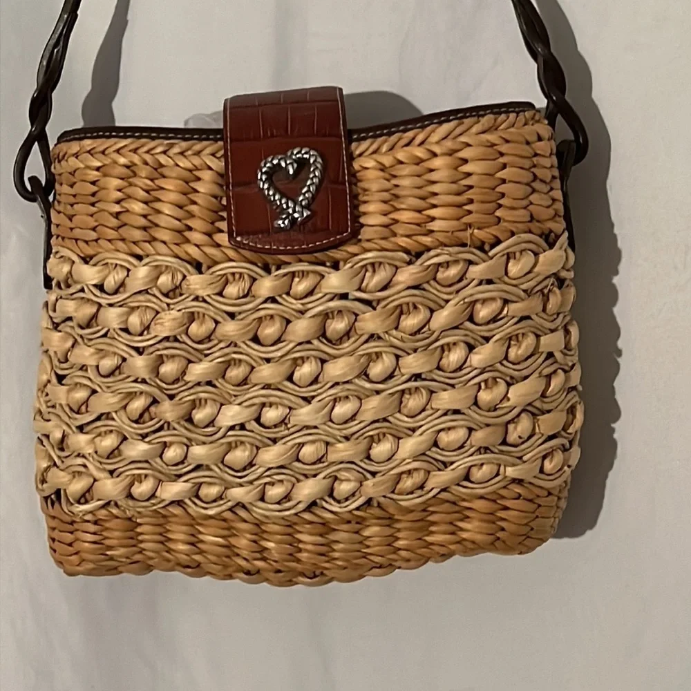 Brighton Ruth Straw Raffia Woven Tan Shoulder Bag Leather Trim